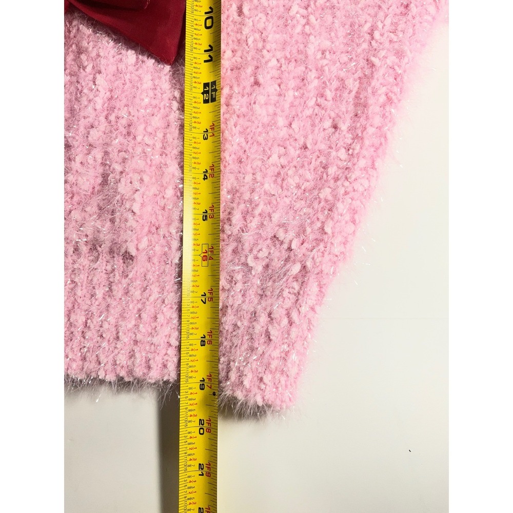 Simply Southern Aurora Pink Fuzzy Knit Sweater Red Bow Cropped XL NEW - Picture 6 of 8